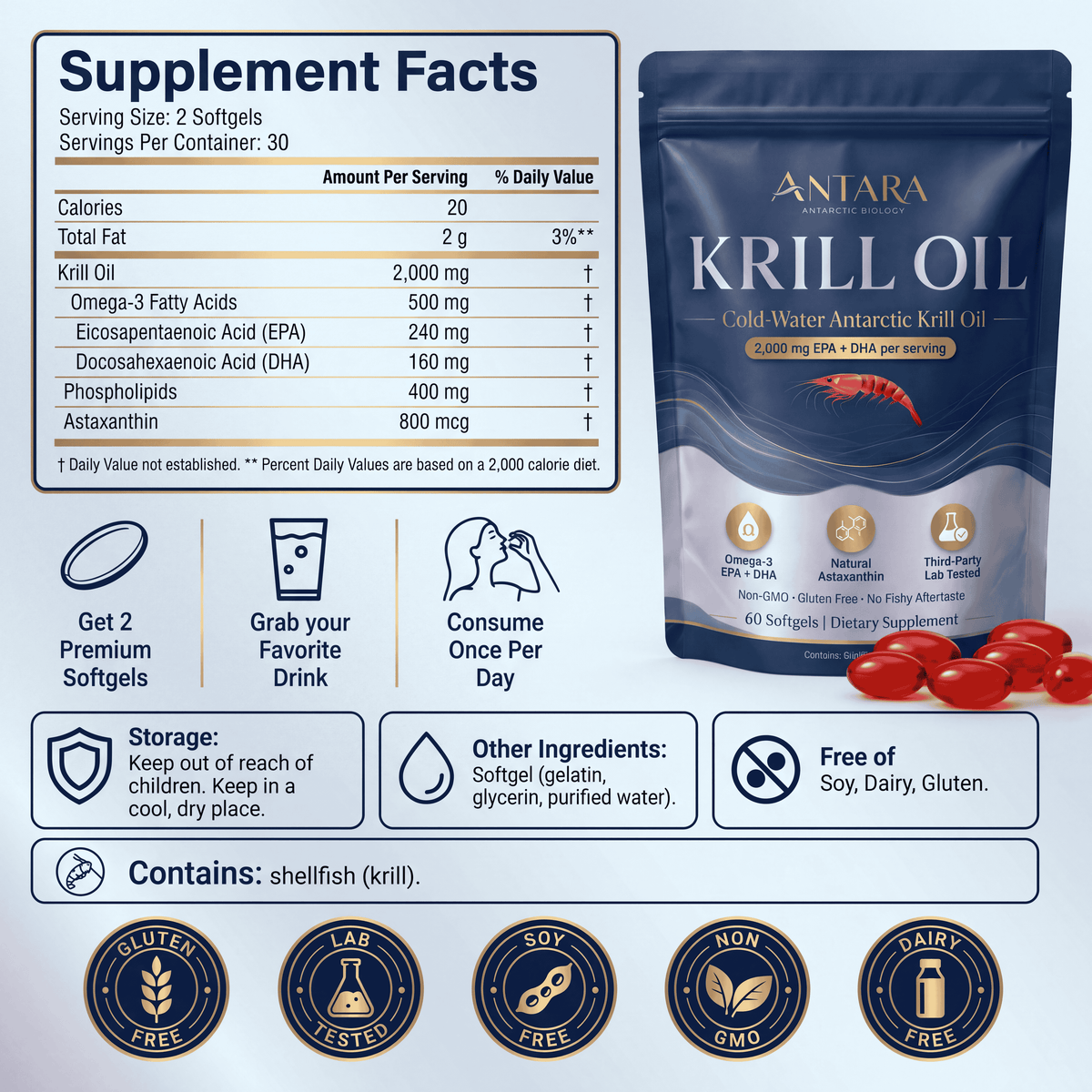 Antara Antarctic Krill Oil 2000mg with Natural Astaxanthin